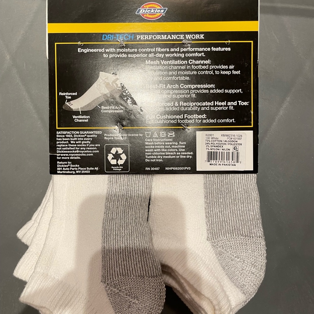 Dickies Men's Dri-Tech No-Show Socks White 6 pairs Shoe Size 6-12 New - Picture 3 of 4